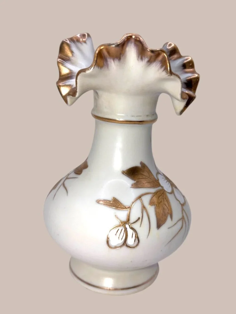 Vintage Arnart Japan Hand Painted White Porcelain Ruffled Gold Floral Vase 7”